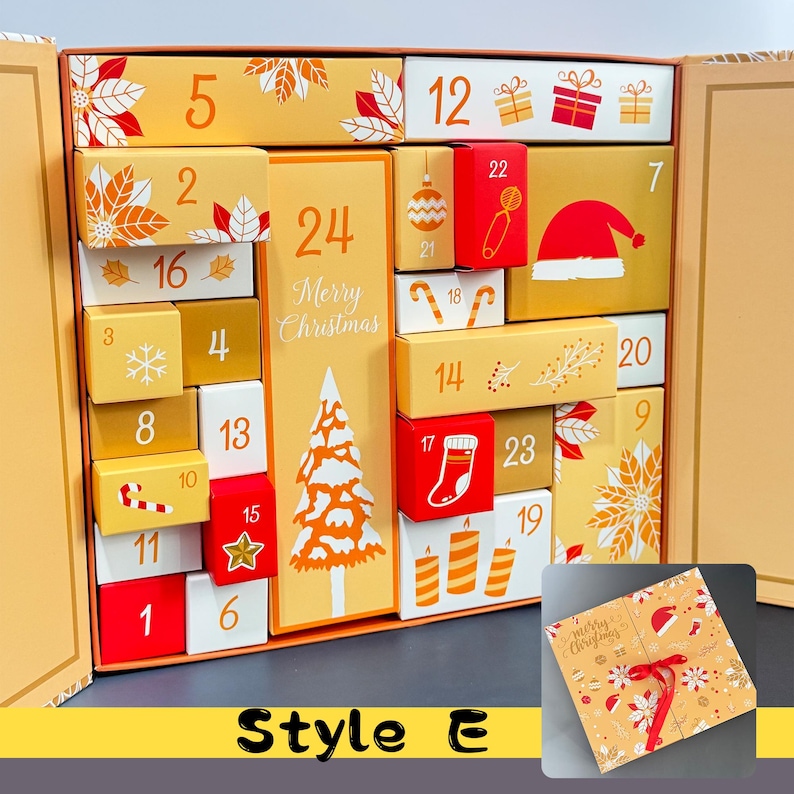 May include: A festive Christmas advent calendar with numbered boxes in shades of gold, red, and white. The boxes are decorated with holiday-themed images and the words "Merry Christmas". The calendar is labeled "Style E".