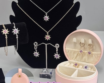 Rapunzel Princess Inspired Jewelry Set-Sun Necklace,Sun Earrings,Sun Ring&Bracelet,Purple Crystal,Tangled Princess Jewelry,Free Jewelry Box