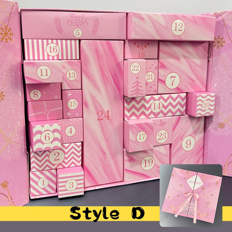 May include: Pink advent calendar with numbered boxes in various patterns, including stripes, chevrons, and polka dots. The calendar features the text "Merry Christmas" and the number "24" prominently displayed. The words "Style D" are at the bottom.