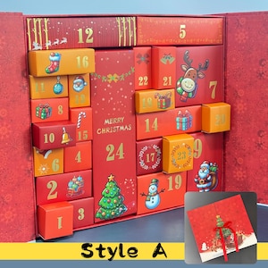May include: A red and orange Christmas advent calendar with 24 numbered boxes. Each box features festive illustrations like a Christmas tree, Santa, and a snowman. The words "Merry Christmas" are displayed on the front. The style is labeled "Style A".