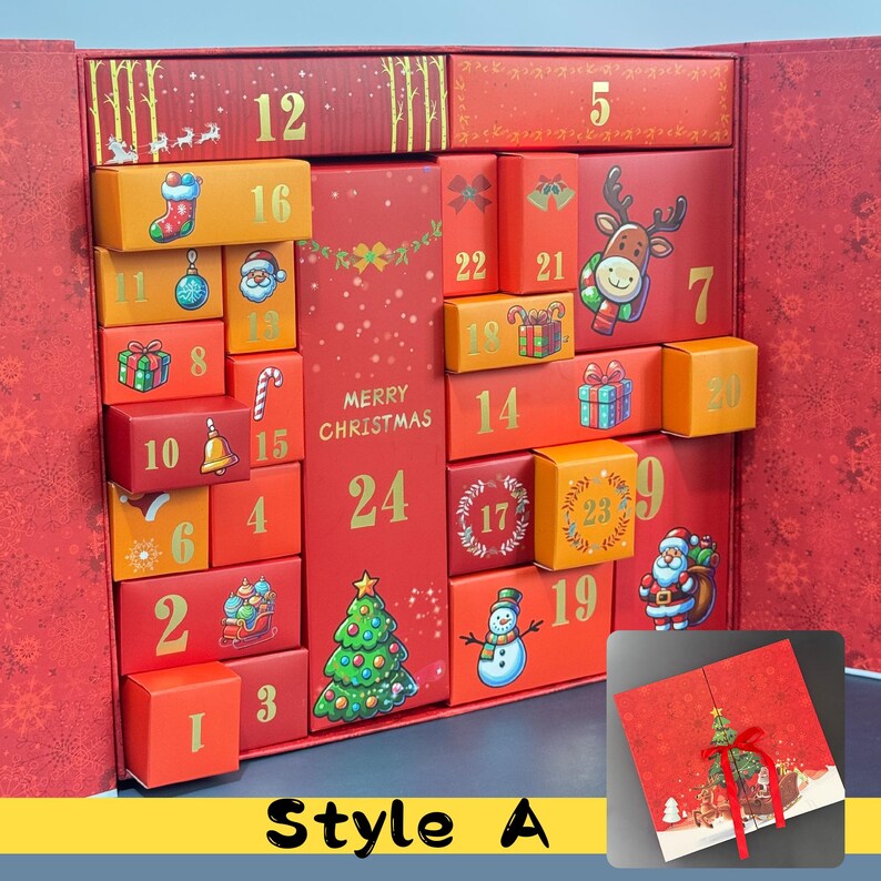 May include: A red and orange Christmas advent calendar with 24 numbered boxes. Each box features festive illustrations like a Christmas tree, Santa, and a snowman. The words "Merry Christmas" are displayed on the front. The style is labeled "Style A".