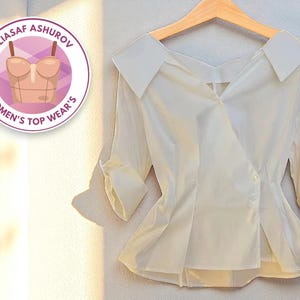 Buttoned Asymmetrical Women&#39;s Blouse | V-Neck Wide Collar Shirt | Half Sleeve Casual Top | Stylish Workwear & Casual Fashion Outfit