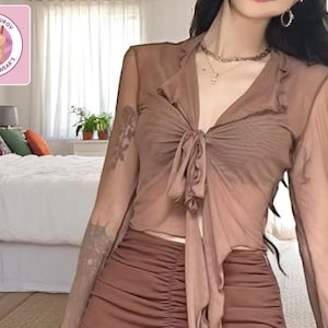 Mesh Lace-Up Cropped Blouse | Long Flared Sleeve Top | Slim Tie Front Shirt | Casual Summer Party Look | Women&#39;s Stylish Outfit