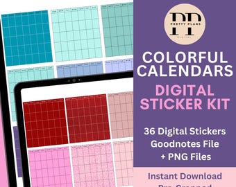 Monatlicher Kalender Digitale Sticker Kit | 36 mehrfarbige Aufkleber | Benutzerdefinierte Monatsplaner Spreads | Vorgeschnittene Goodnotes + PNG Dateien