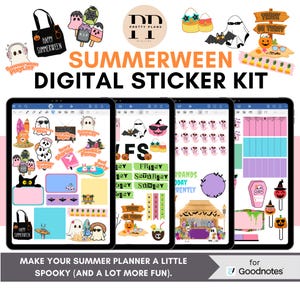 Könnte beinhalten: Ein digitales Sticker-Kit mit dem Thema Summerween, das Geister, Kürbisse und Strandelemente zeigt. Das Kit enthält Aufkleber für Planer mit Texten wie "Happy Summerween" und "Trick or Treat". Das Farbschema ist eine Mischung aus Orange, Rosa und Schwarz.