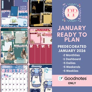Puede incluir: Páginas de planificador digital para enero de 2026, con temática de invierno. Incluye diseños mensuales, de panel, diarios, de fin de semana y semanales. Diseñado para Goodnotes.