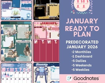 Januar Vordekorierter Digitaler Planer | Goodnotes Aufkleber und Seiten | Monatliche, wöchentliche, tägliche Layouts | 2026 Digitaler Kalender