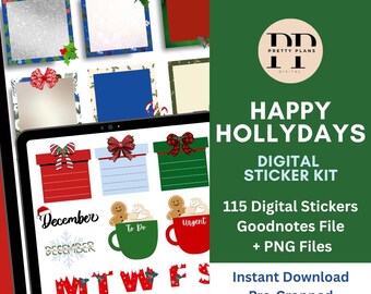 Op de afbeelding: Digitale stickerkit met een feestelijk thema. De afbeelding toont een tablet met verschillende digitale stickers, waaronder cadeauverpakkingen, mokken en kalenderelementen. De tekst "HAPPY HOLLYDAYS" en "DIGITAL STICKER KIT" zijn ook zichtbaar.