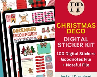 Christmas Deco Digital Planner Sticker Kit | 100 Pre-Cropped Stickers | GoodNotes & Noteful | Holiday Planner Stickers | Instant Download