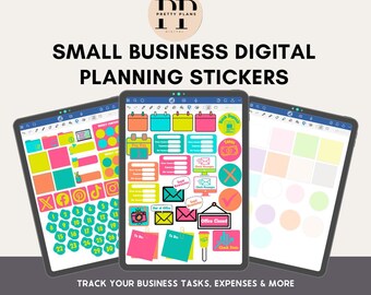 May include: Three digital tablets displaying colorful planning stickers for small businesses. The stickers include calendar icons, to-do lists, and social media logos. Text on the image reads "SMALL BUSINESS DIGITAL PLANNING STICKERS" and "TRACK YOUR BUSINESS TASKS, EXPENSES & MORE."