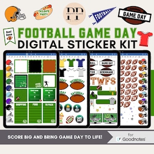 Op de afbeelding: Een digitale stickerkit voor American football-wedstrijddag, met elementen zoals helmen, voetballen en wedstrijddagafbeeldingen. De kit bevat stickers voor planning en winkelen. De tekst op de afbeelding luidt "Football Game Day Digital Sticker Kit".