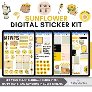 Summer Sunflower Digital Sticker Kit | Pre-Cropped Goodnotes Stickers | Bright Floral Planner Stickers | Goodnotes, Digital Planning
