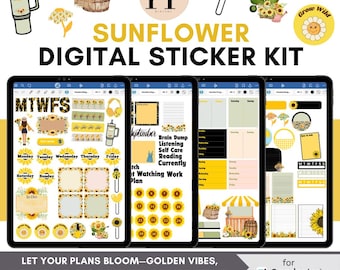 Summer Sunflower Digital Sticker Kit | Pre-Cropped Goodnotes Stickers | Bright Floral Planner Stickers | Goodnotes, Digital Planning