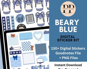 Beary Blue Digital Sticker Kit | 130+ süße Teddybär & Schleifen Planer Aufkleber | Blau karierte Ästhetik | Vorgeschnittene Goodnotes + PNG Dateien