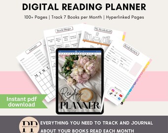 Könnte beinhalten: Ein digitaler Leseplaner mit dem Text "DIGITAL READING PLANNER" und "100+ Pages | Track 7 Books per Month | Hyperlinked Pages". Das Bild zeigt ein Tablet mit "Reading PLANNER" und mehrere druckbare Seiten.