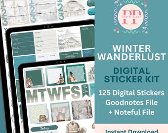 Winter-Digital-Sticker-Kit – 125 Pre-Cropped Goodnotes, Noteful Stickers | Teal & Blau Winter-Aufkleber | Schnee, Ski fahren, Outdoor Abenteuer