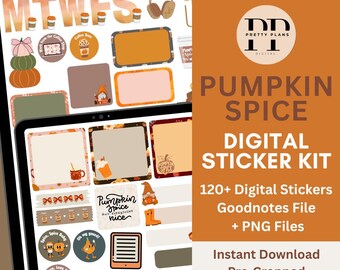 Pumpkin Spice Digital Sticker Kit | 120 Fall Planner Stickers | Pre-Cropped Goodnotes + PNG Files | Cozy Autumn, Pumpkin Digital Stickers