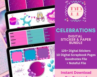 Stickers pour agenda Célébrations | Kit d'autocollants numériques pour fêtes et événements pour GoodNotes et Noteful | Rose Pourpre Sarcelle