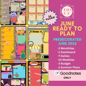 May include: A digital planner layout with a pink and yellow theme, featuring various sections for June 2026. Includes monthly, weekly, and daily spreads, with budget and summer planning pages. The planner is designed for use with Goodnotes.