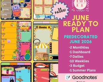 Vordekorierter Juni Digitaler Planer | Goodnotes Spreads, monatliche, wöchentliche, tägliche Layouts