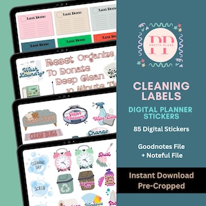 May include: A set of 85 digital cleaning planner stickers featuring various household tasks, cleaning supplies, and organisational labels. The graphics include icons for laundry, vacuuming, dusting, and trash, with text like Last Done, Clean Couch, and Scrub.