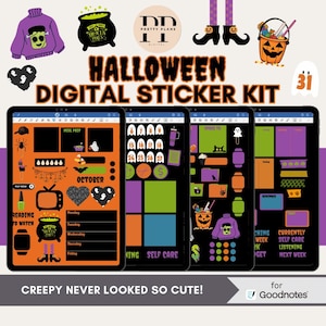 Halloween Digital Sticker Kit for Goodnotes | Pre-Cropped Spooky Season Stickers | Ghost, Pumpkin, Witch Planner Bundle | Digital Download