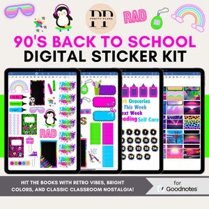 90s Back to School Digital Sticker Kit | Retro Goodnotes Stickers | Neon School Supplies, Lisa Frank Style, Digital Planner Stickers