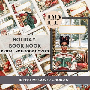 May include: Digital notebook covers with a holiday theme. The image features illustrations of women reading in cozy settings, with snowy outdoor scenes visible through windows. Text includes "Holiday Book Nook" and "10 Festive Cover Choices."