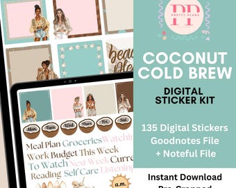 Sommer Kokosnuss Kalt Gebräu Digitales Aufkleber-Bundle für Goodnotes & Noteful | Strand Kaffee ästhetische Planer Aufkleber