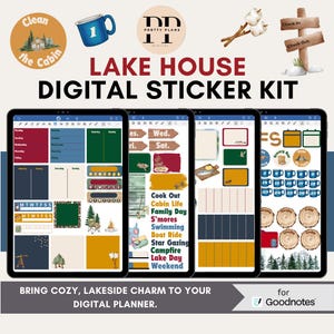 Op de afbeelding: Een digitale stickerkit met een thema van een huis aan het meer, weergegeven op tablets. De kit bevat stickers met tekst als "Clean the Cabin", "Lake Day" en "S'mores". Ontworpen voor digitale planners.
