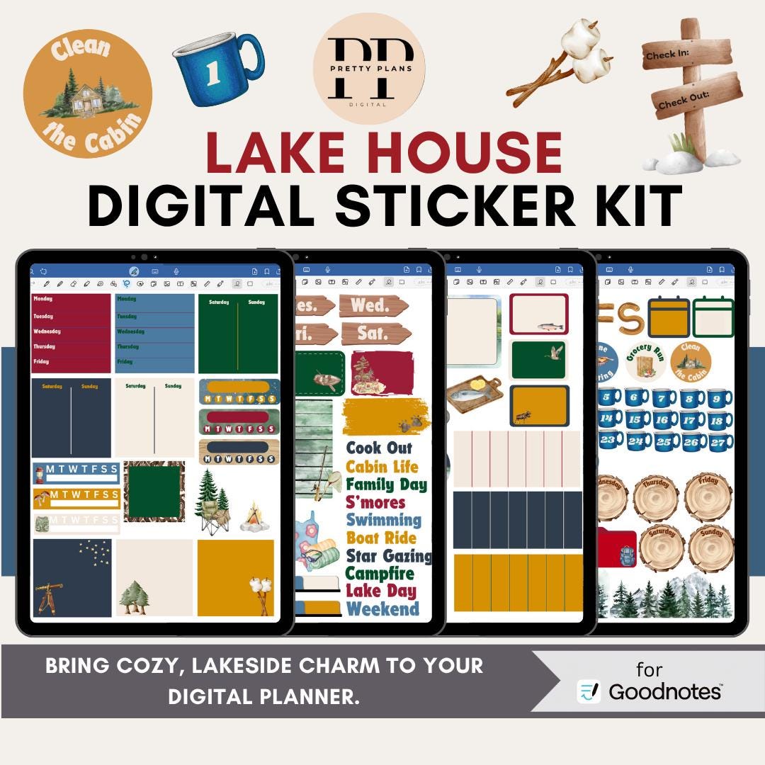 Lake House Digital Sticker Kit for Goodnotes | Pre-Cropped Digital Planner Stickers | Cabin Life Summer Stickers | Lakeside Goodnotes Bundle