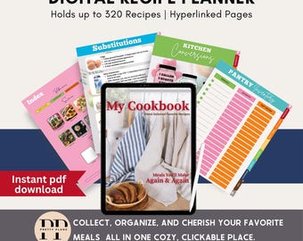May include: Digital recipe planner with the text "Digital Recipe Planner" and "My Cookbook". The image shows a tablet surrounded by colorful pages with titles like "Substitutions" and "Pantry Inventory". The planner holds up to 320 recipes.