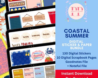 Sommer Digitale Aufkleber Bundle | Strand Meer | 130 Sticker + 10 Digitales Papier | Goodnotes Hinweislich | Sofort Download