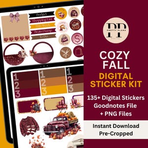 May include: A digital sticker kit with a cozy fall theme. The image shows a tablet displaying various stickers, including banners, circles, and rectangular labels. The stickers feature fall-themed graphics and text, such as pumpkins, a truck, and the words "Cozy Fall".