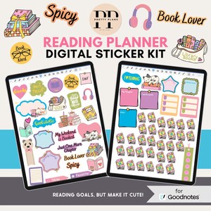 May include: A digital sticker kit for Goodnotes featuring a reading planner theme. The kit includes stickers with book-related graphics, text, and icons. The color palette includes pink, purple, and white. Text includes "Reading Planner Digital Sticker Kit".