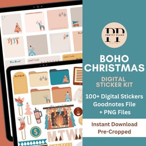 May include: A digital sticker kit with a Boho Christmas theme. The image shows a tablet displaying various digital stickers with festive designs, including Christmas trees, reindeer, and stockings. The text on the right says "BOHO CHRISTMAS DIGITAL STICKER KIT".