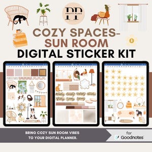May include: Digital sticker kit for digital planners. The image shows three tablets displaying digital stickers with a cozy sun room theme. The stickers include illustrations of furniture, plants, and decorative items. Text on the image reads "Cozy Spaces - Sun Room Digital Sticker Kit."