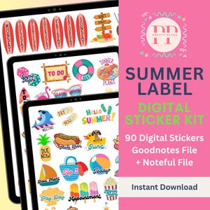 May include: A digital sticker kit displayed on tablets, featuring summer-themed graphics like surfboards, beach balls, and ice cream. The kit includes 90 stickers, a Goodnotes file, and a Noteful file. The text reads "Summer Label Digital Sticker Kit."