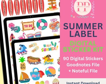 Sommer Label Digitale Planer Aufkleber | 90 GoodNotes und Noteful Files | Sommer Strand Digitale Aufkleber zur Organisation