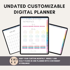May include: Three digital tablets displaying an undated, customisable digital planner. The central tablet shows the homepage with yearly, monthly, and template sections. The other tablets display a January calendar and a blank page. Text includes "Undated Customisable Digital Planner."