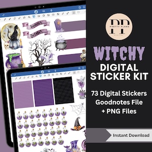 May include: A digital sticker kit with a witchy theme, displayed on a tablet. The stickers include Halloween-themed graphics such as a black cat, cauldron, and witch's hat. The text on the image reads "Witchy Digital Sticker Kit".