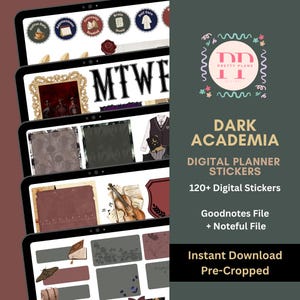 May include: A digital sticker set featuring dark academia themes, including icons of a violin, books, clothing, and stationery. The text reads PRETTY PLANS, DARK ACADEMIA, DIGITAL PLANNER STICKERS, 120+ Digital Stickers, Goodnotes File + Noteful File.