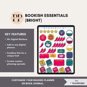 Puede incluir: Pegatinas digitales para planificador con temática de libros. La imagen muestra una tableta que muestra varias pegatinas coloridas, incluyendo chiles, estrellas y diseños con temática de libros. El texto en la imagen incluye "Bookish Essentials" y "Personaliza tu planificador de lectura."
