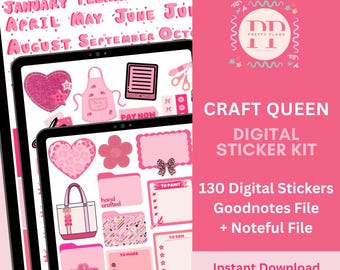 Kit de pegatinas digitales Craft Queen: 130 pegatinas precortadas / Goodnotes & Noteful File / Pegatinas rosas para manualidades / Costura, tejido y pintura