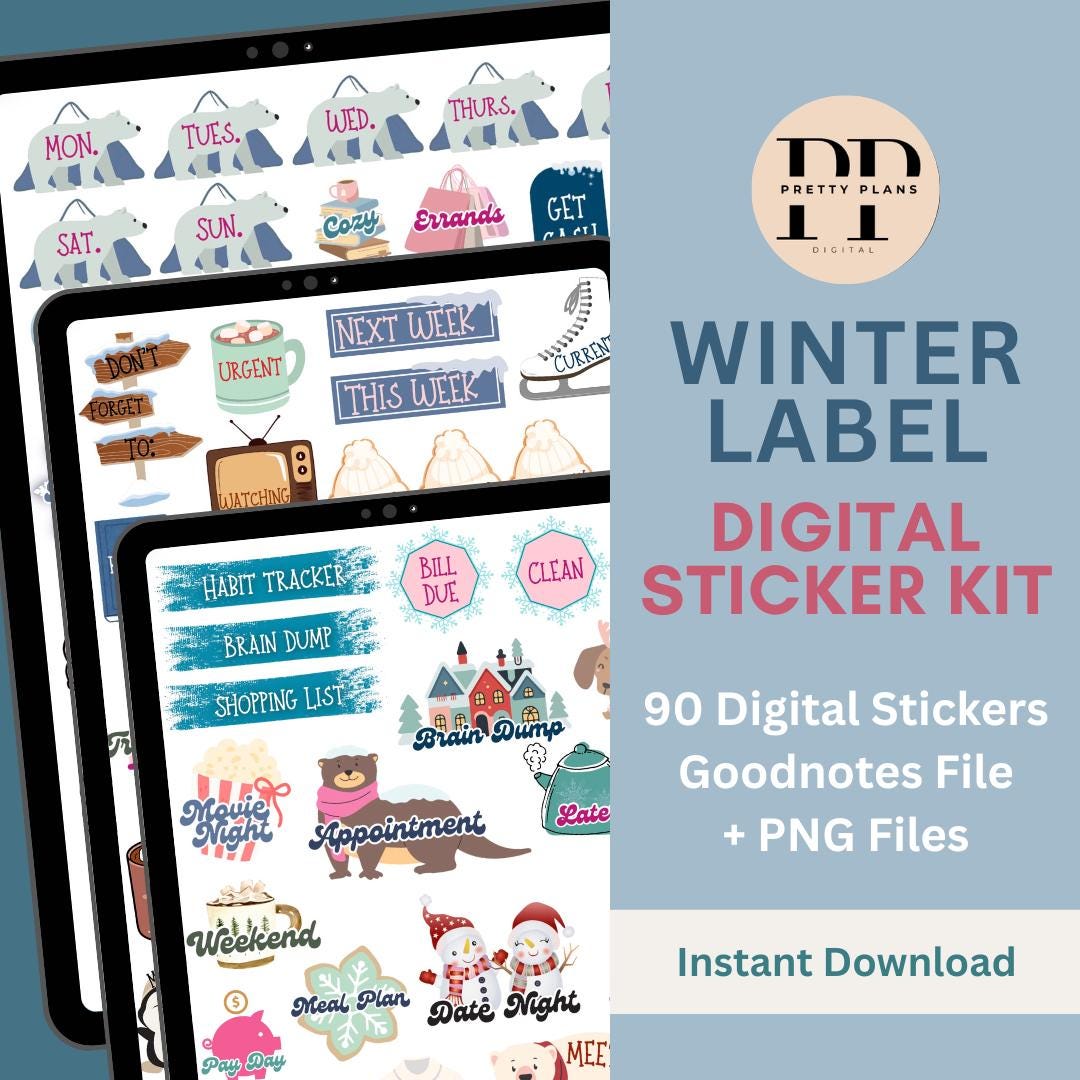 Winter Label Digital Planner Stickers | 90 Pastel Pink and Blue ...