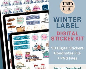 Winter Label Digitale Planer Aufkleber | 90 Pastell Rosa und Blau | GoodNotes und PNG Dateien | Coole Winter Digitale Aufkleber zur Organisation