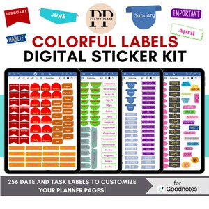 Puede incluir: Un kit de pegatinas digitales con etiquetas coloridas para planificadores. El kit incluye etiquetas para meses, tareas y notas, que se muestran en cuatro tabletas. El texto de las etiquetas incluye meses, listas de tareas y objetivos. El kit está diseñado para personalizar páginas de planificador.