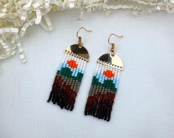 Sunset Mountain Beaded Fringe Earrings, Landscape style beaded earrings, Handmade nature view bead earrings.
