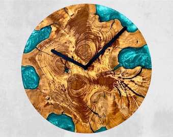Olive Wood and Epoxy Resin Wall Clock – Handmade Clock – Decorative Wooden Clock for Living Room and More.