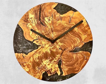 Olive Wood and Epoxy Resin Wall Clock – Handmade Clock – Decorative Wooden Clock for Living Room and More.